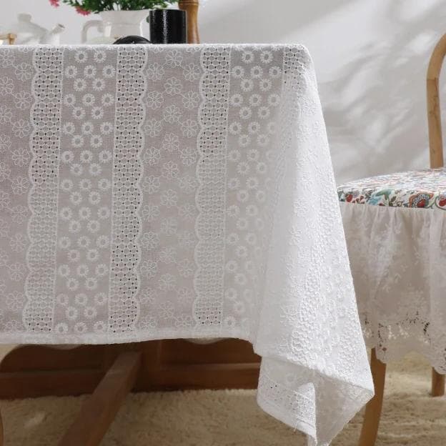 French Lace Tablecloth Cotton White Embroidered Coffee Tea Table Cover Vintage Rustic Pastoral Kitchen Dining Wedding Decoration 90x90cm