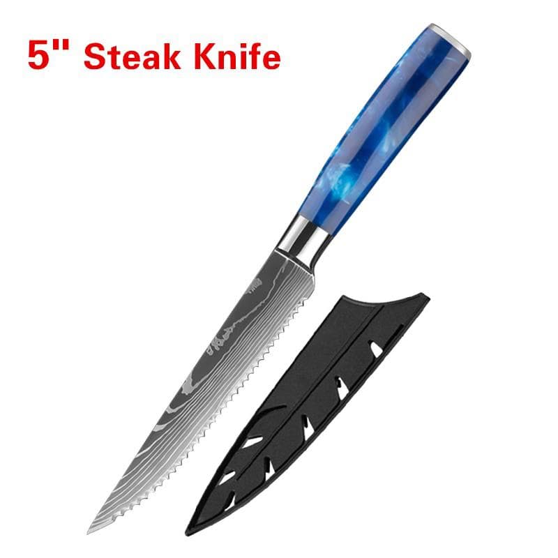 Stainless Steel Serrated Steak Knife Sharp Blade Damascus Pattern Steak Knife 1pcs b
