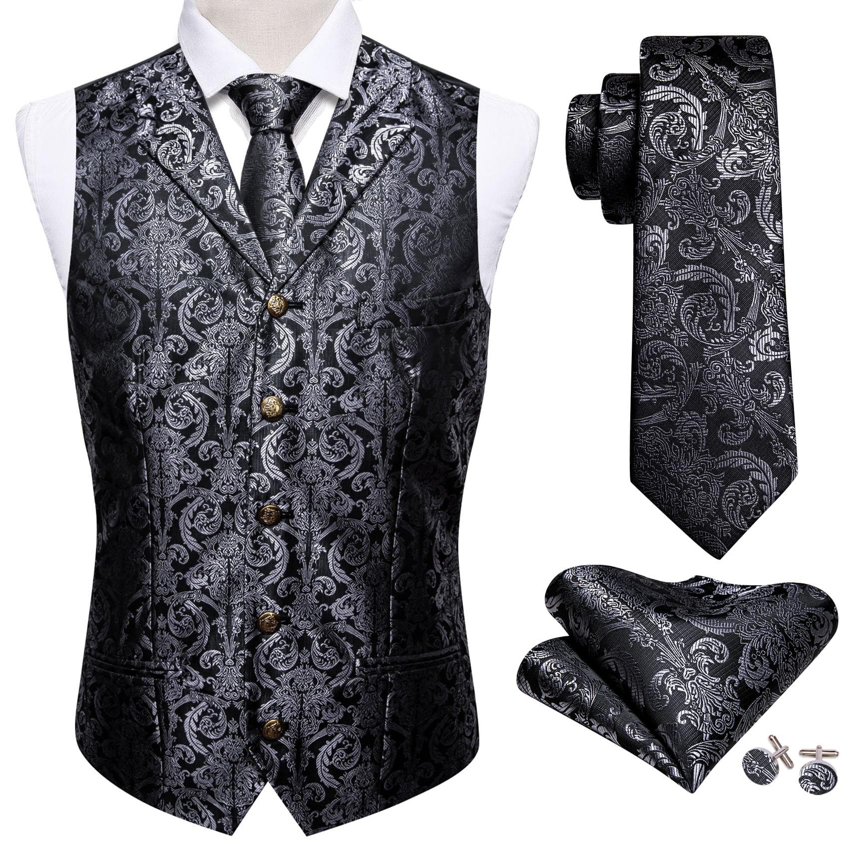 Barry.Wang Mens Waistcoat Vest Tie Hankerchief Cufflinks Dark Red Paisley Collar Copper Buckle Jacquard Woven Silk Wedding Dating Party Set S