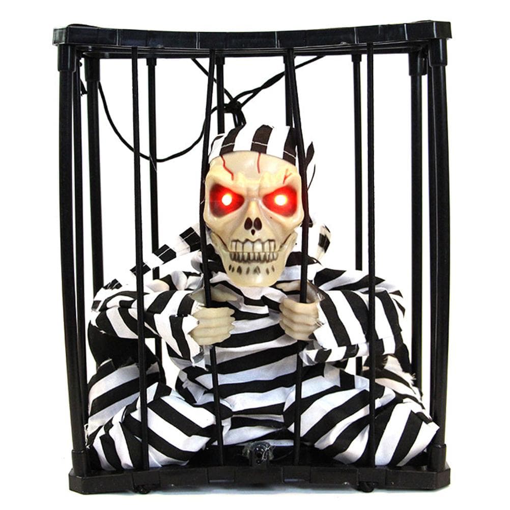 Halloween Scary Screaming Animated Skeleton Cage Prisoner with Light Up Eyes Haunted House Props Average code