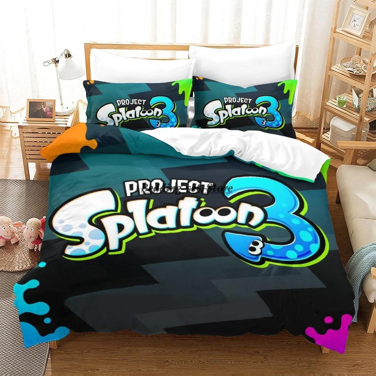 Splatoon 3 Inkling Squid Bedding Set Single Twin Full Queen King Size Bed Set Aldult Kid Bedroom Duvetcover Sets Bed Sheet Set AU Single 140x210cm