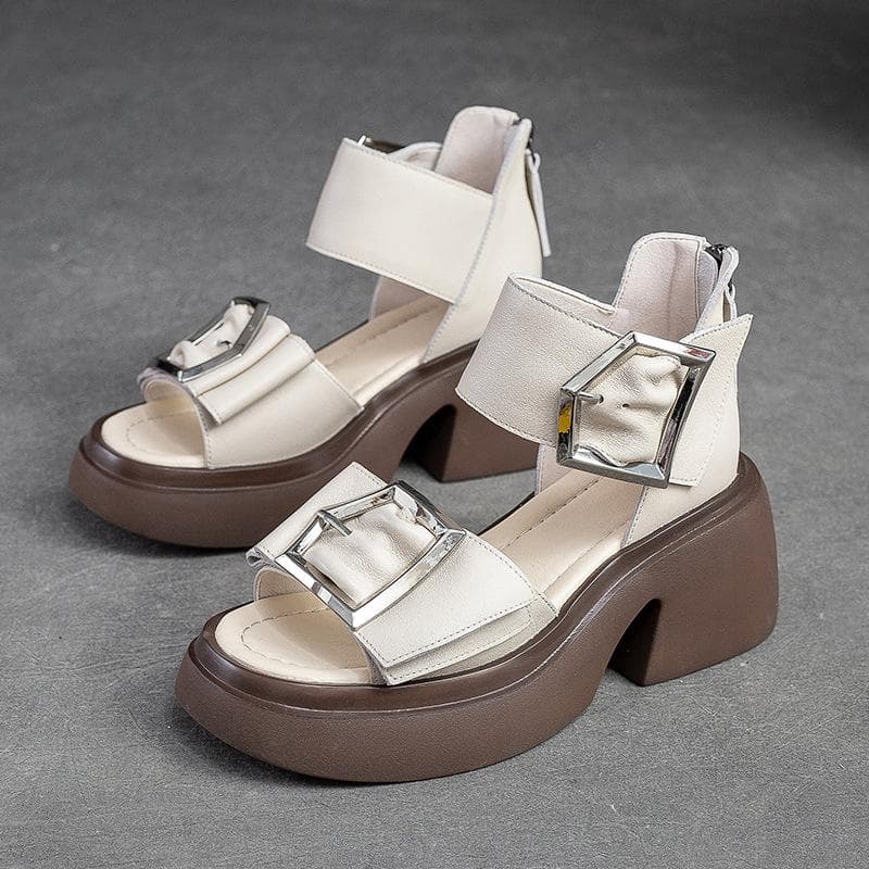 Johnature Genuine Leather Peep Toe High Heel Sandals Women Retro Comfortable Breathable Thick Sole Shoes 39 beige