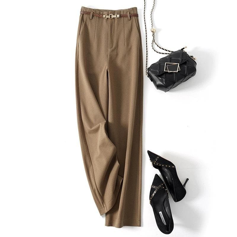 Belted Temperament Commuting and Skin-friendly New High-waist Loose Wide-leg Pants for Women Lazy Straight-leg Pants Wool Casual Trousers 2XL