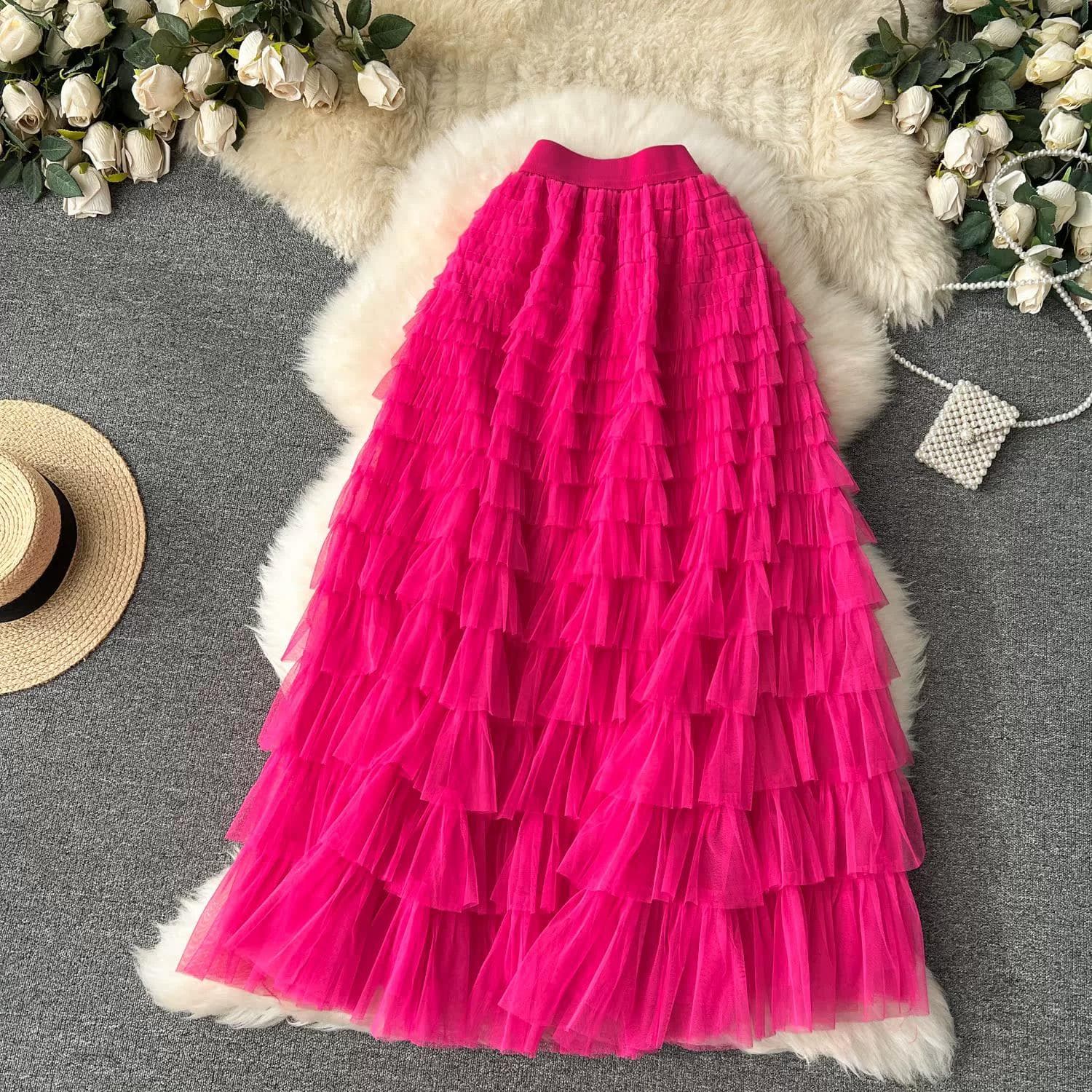 Summer Women Elegant Ruffles Mesh Elstic Waist Long Midi Cake Skirt One Size rose red