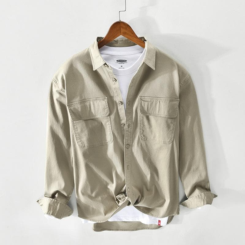 Spring and Autumn Japanese Style Cargo Shirts for Men Lapel Collar Double Pockets 98% Cotton Long Sleeve Shirt Casual Tops Workwear XL apricot