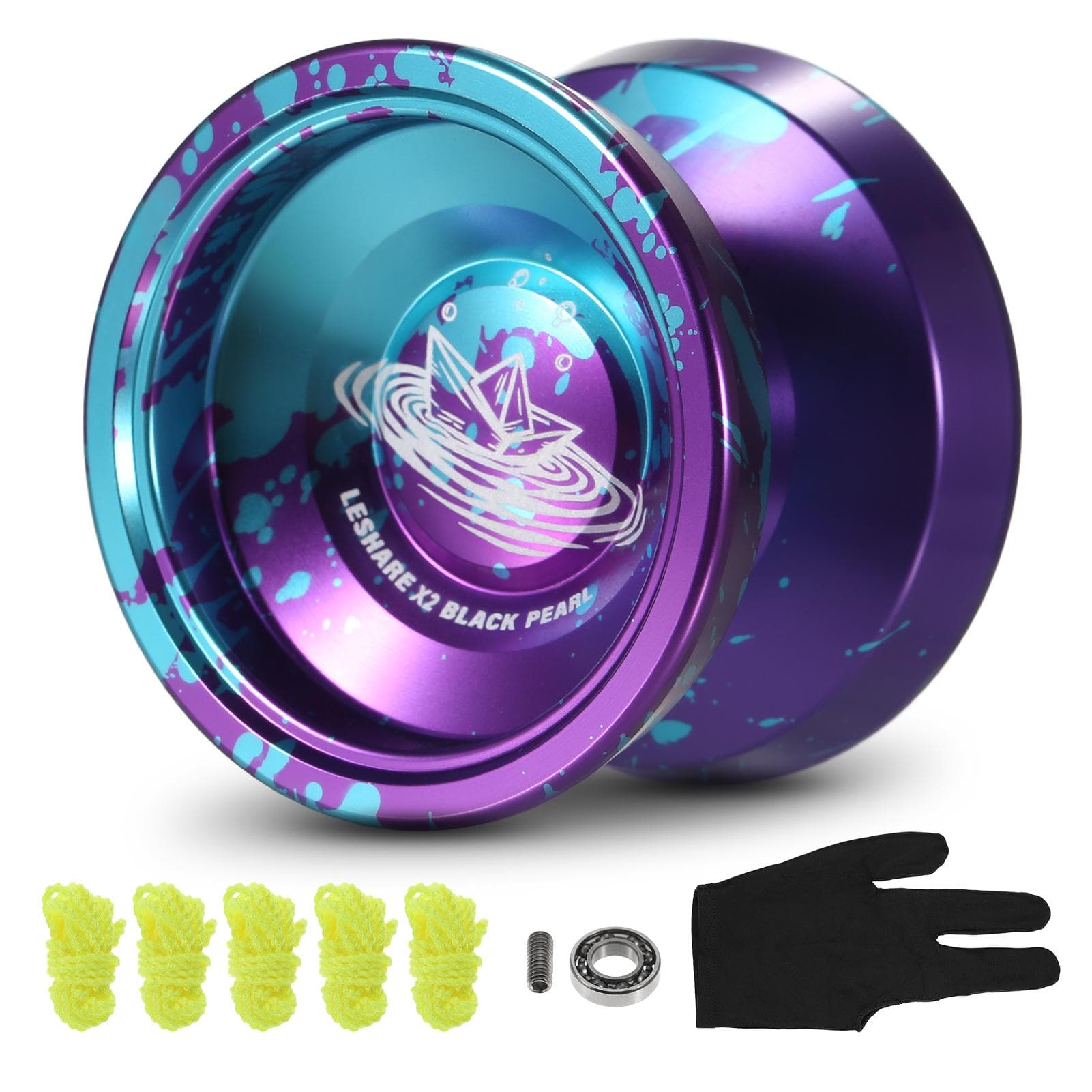 Aluminum Yoyo Ball Competitive Yo Yo Gift with Bearing Strings and Glove blue/purple