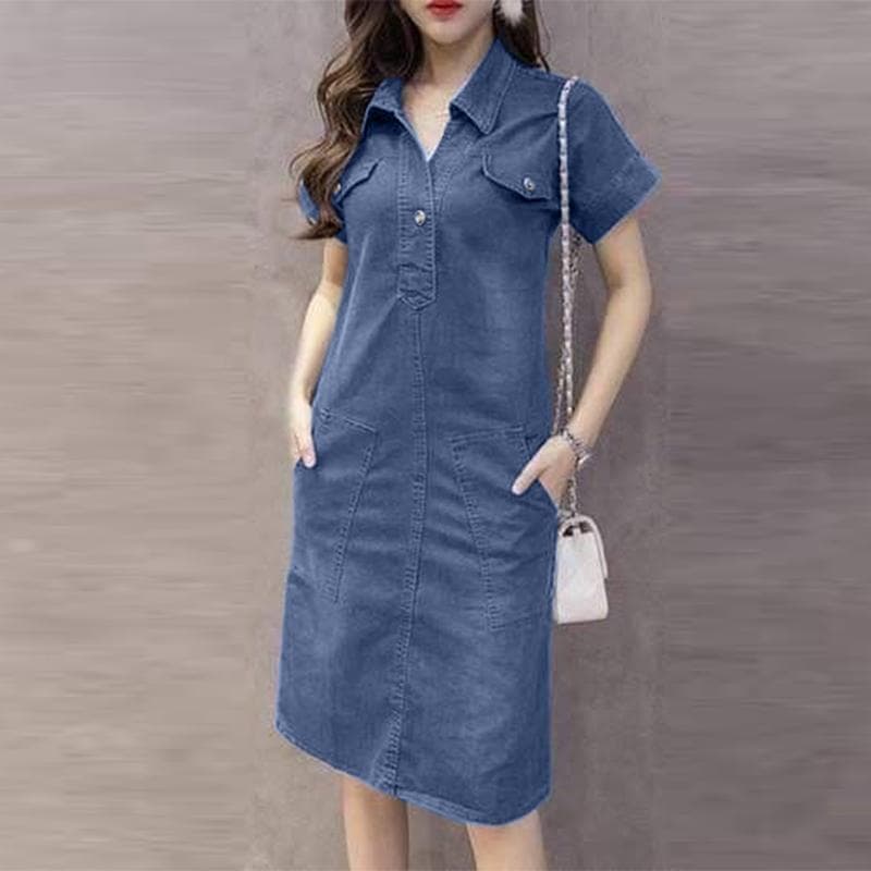 ZANZEA Women Casual Turn Down Collar Blue Denim Short Sleeve Dress M