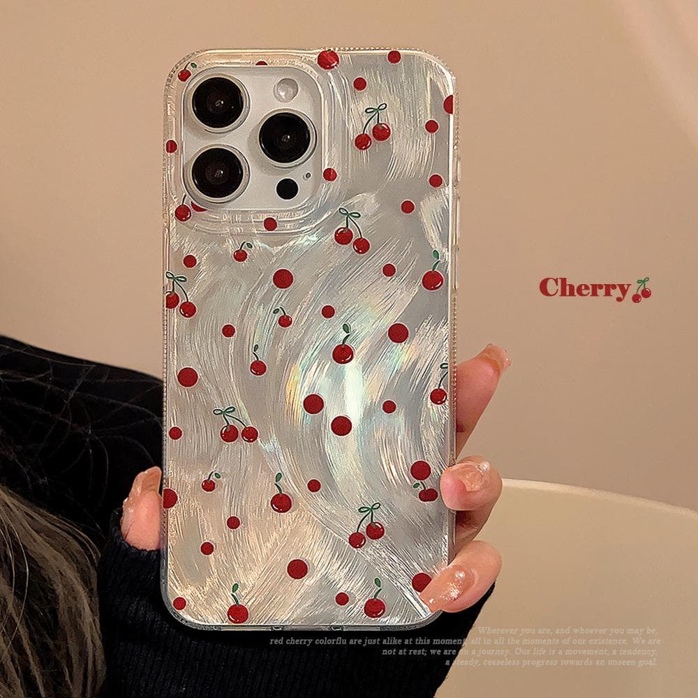 Luxury Laser Silver Cheery Phone Case For iPhone 11 Cases iPhone 13 14 11 12 15 Pro Max XR X XS 7 8 Plus SE 2 Shockproof Cover For iPhone 15Pro Max