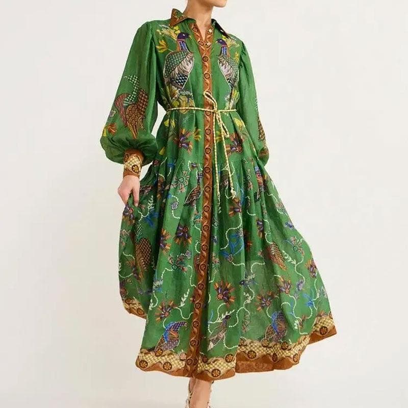 Women's Lantern Sleeve Printed Lapel Waist Long Sleeves Spring Dress for Women M