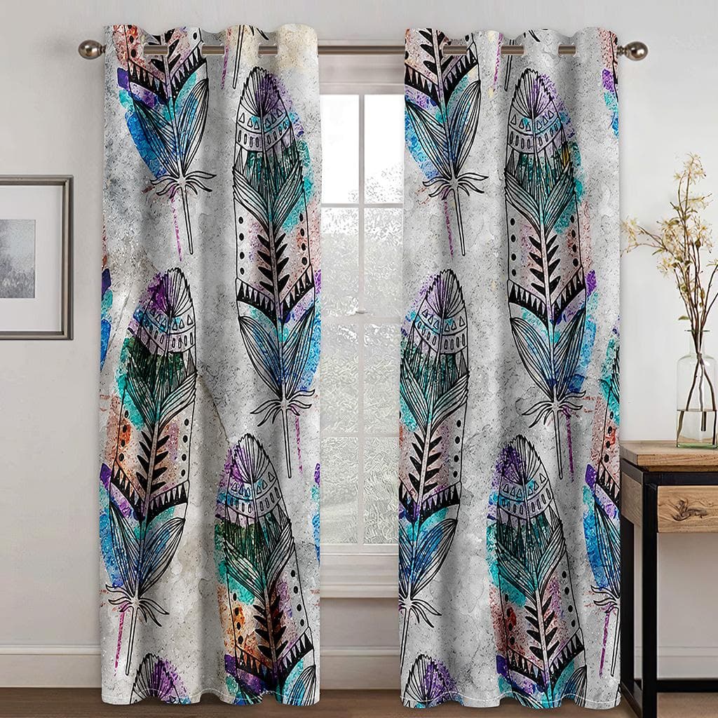 Watercolor Feather Pattern Window Curtains for Living Room Bedroom Decor Kitchen Window Curtain 100W160H(CM)40x63in&Grommet Top