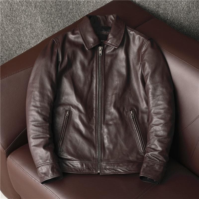 First-layer Cowhide Leather Jacket for Men, Middle-aged Business Casual Leather Jacket with Lapel 5XL brown