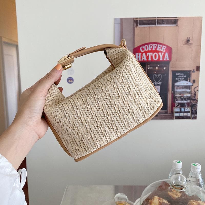 Summer Small Straw Handbag Trendy Shoulder Bag Woven Bucket Crossbody Bag Casual Seaside Beach Bag Gilrs Handle Tote 20x11x12cm khaki