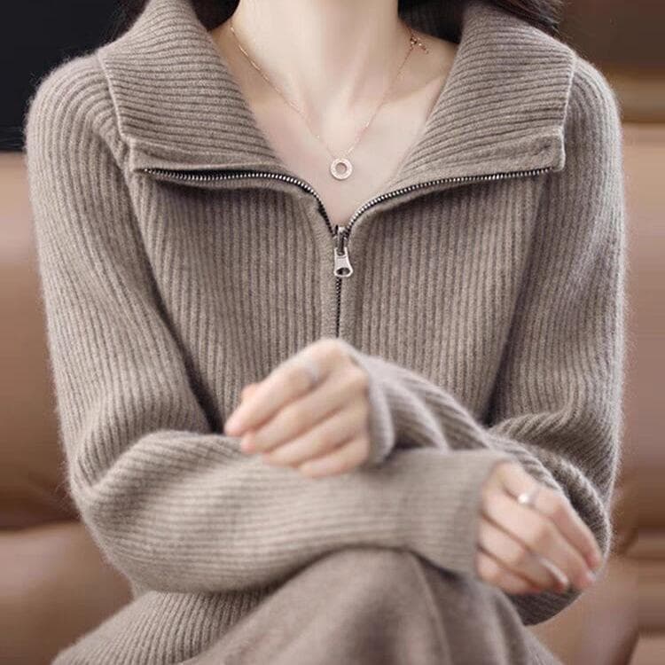 New Cardigan Women's Lapel Zipper Solid Color Jacket Loose Slimming Cashmere Knitted Sweater L