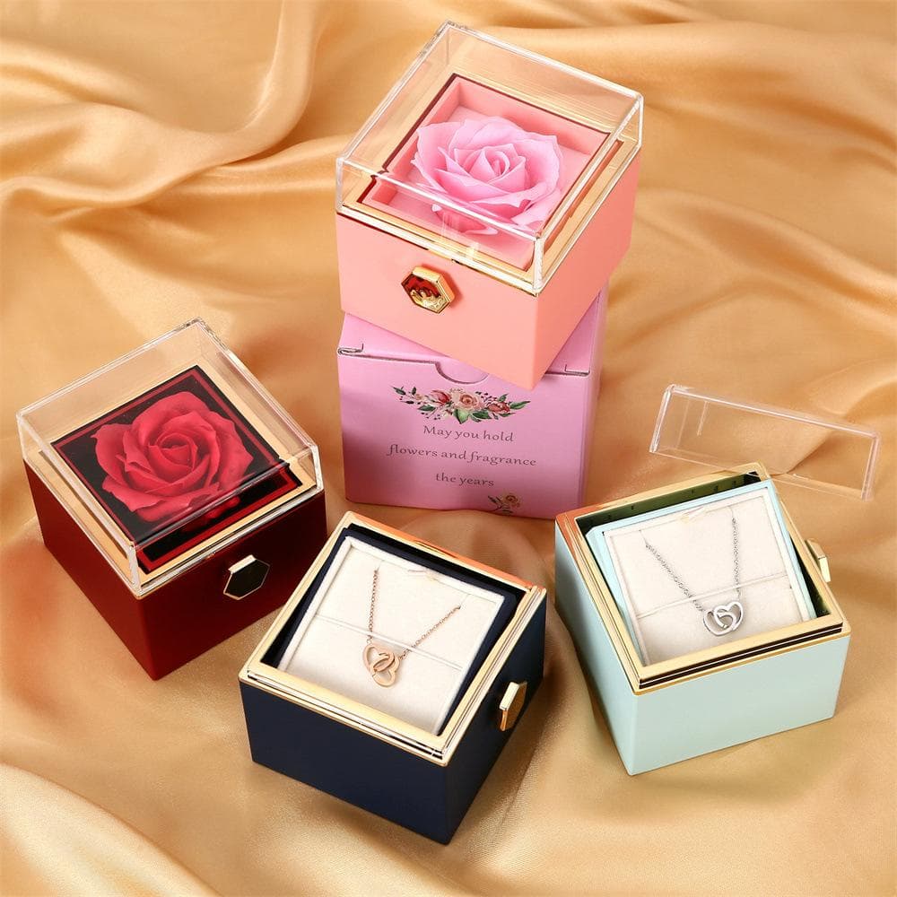 Personalized engraving stainless steel double ring love necklace rotating rose jewelry box