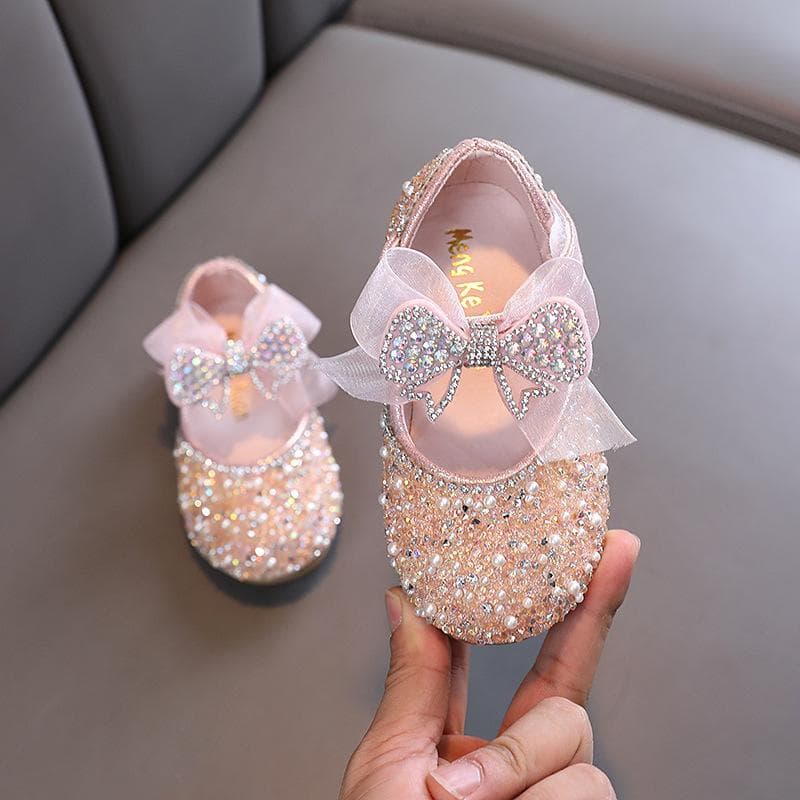 New Children's Sequined Leather Shoes Girls Princess Rhinestone Bowknot Single Shoes Fashion Baby Kids Wedding Shoes 26 pink