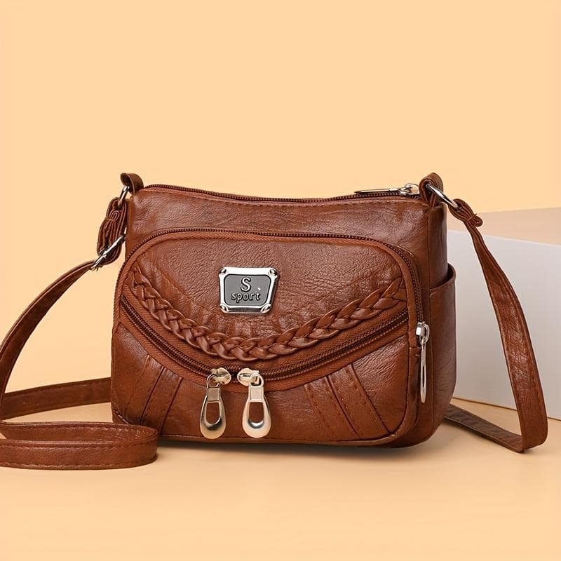 Solid Color Synthetic Leather Crossbody Bags for Women Adjustable Strap Multiple Zipper Braided Lightweight for Daily Use Travel Purse Casual Bag brown