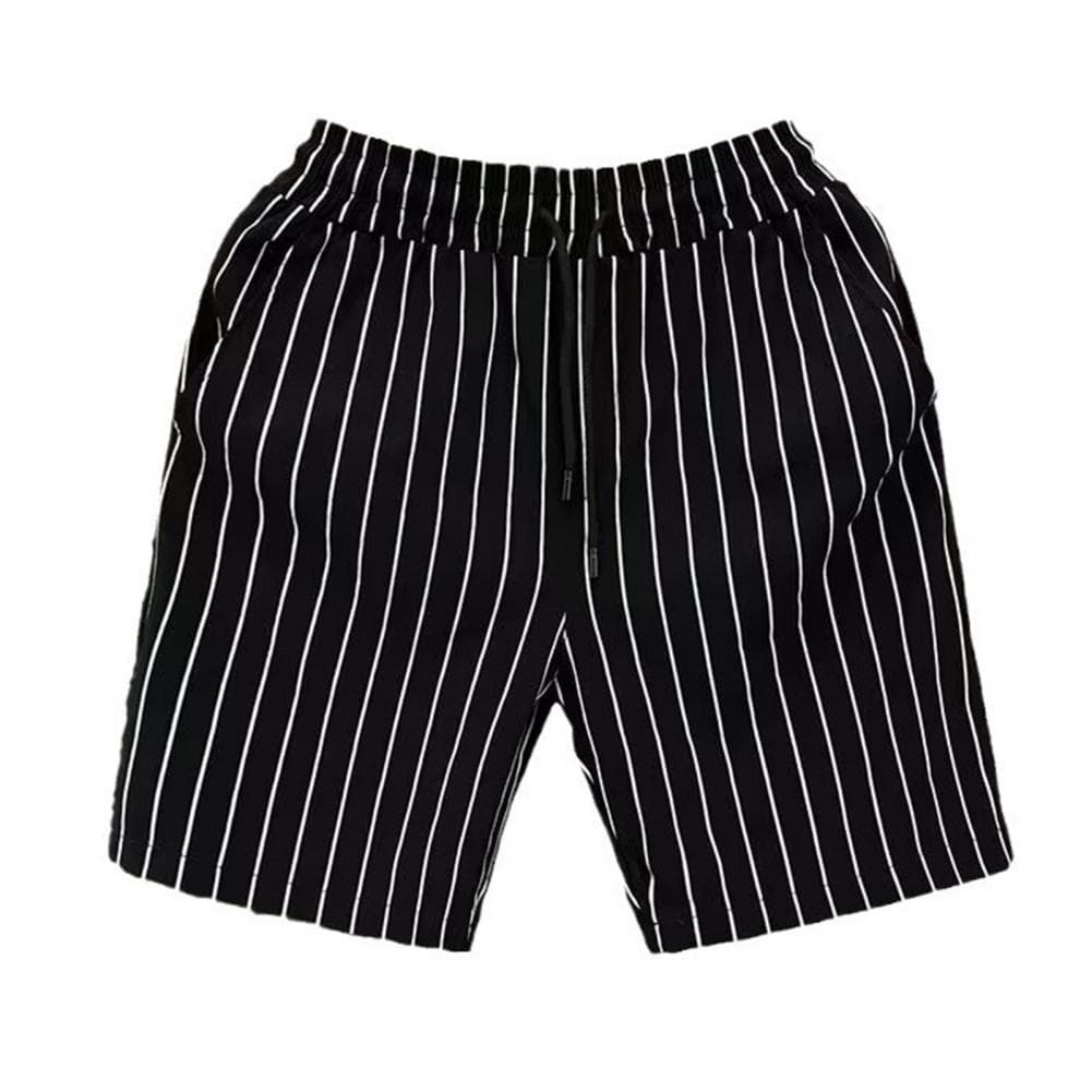 Men Summer Shorts Elastic Waistband Adjustable Drawstring Striped Print Street Style Shorts Pockets Wide Leg Casual Shorts L black