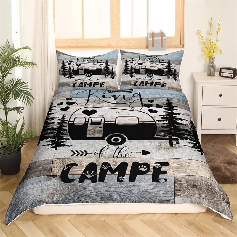 Happy Camping Comforter Cover King, Summer Camping Decoration Bedding For Boy Teens Family, Beach Vacation Style Duvet Cover Set 135x200cm 2pcs