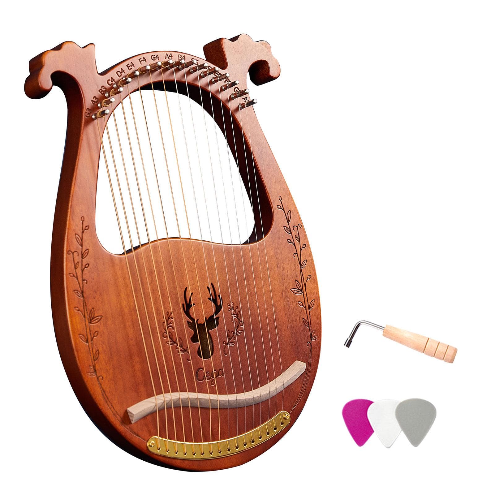 16-String Wooden Lyre Harp Resonance Box String Instrument with Tuning Wrench 3pcs Picks coffee