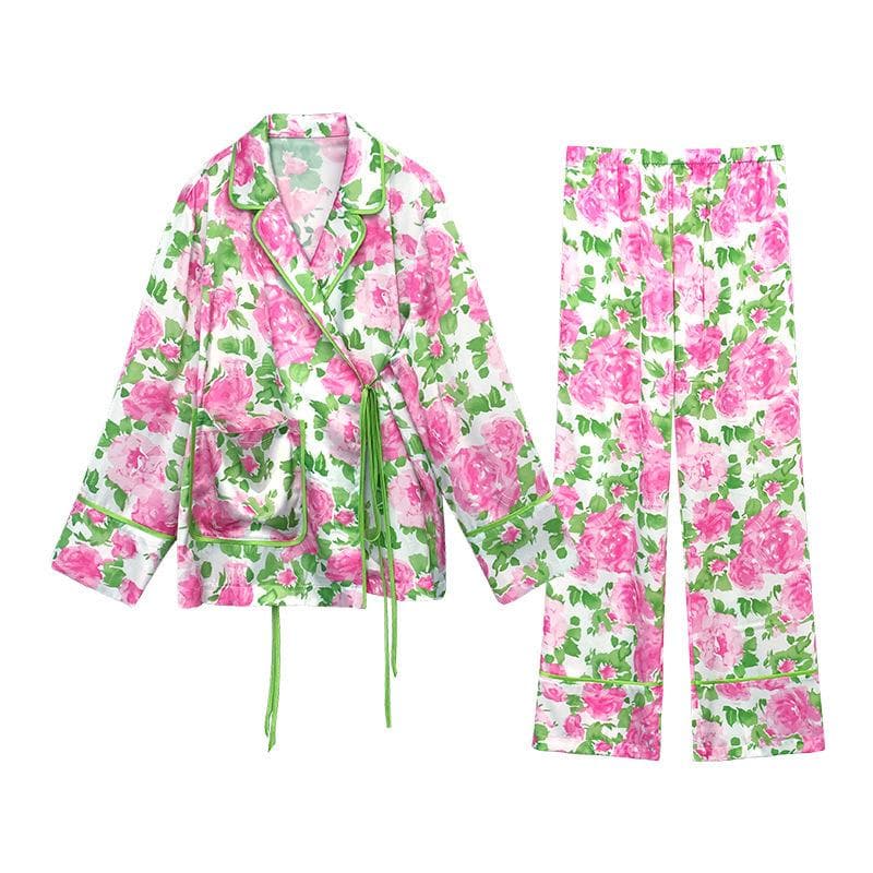 Floral Print Kimono Women's Pajama Set Satin Long Sleeve Pants Set Retro Pajamas Nightwear Lounge Wear XL pink