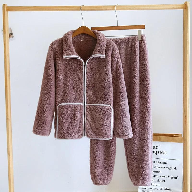 Winter New Couple Sleepwear Set Flannel Zipper Long Sleeve Pants Two Piece Coral Plush Thickened Men's and Women's Home Fur XL