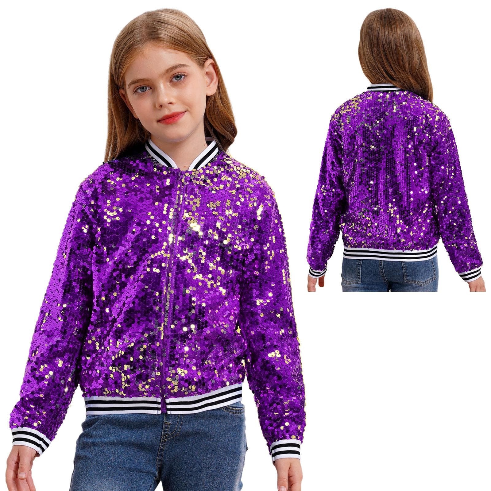 Boys Girls Baseball Jacket Coat Spring Autumn Fashion Sequins Long Sleeve Zipper Outerwear Street Dancing Party Bomber Jackets 11-12 Years purple