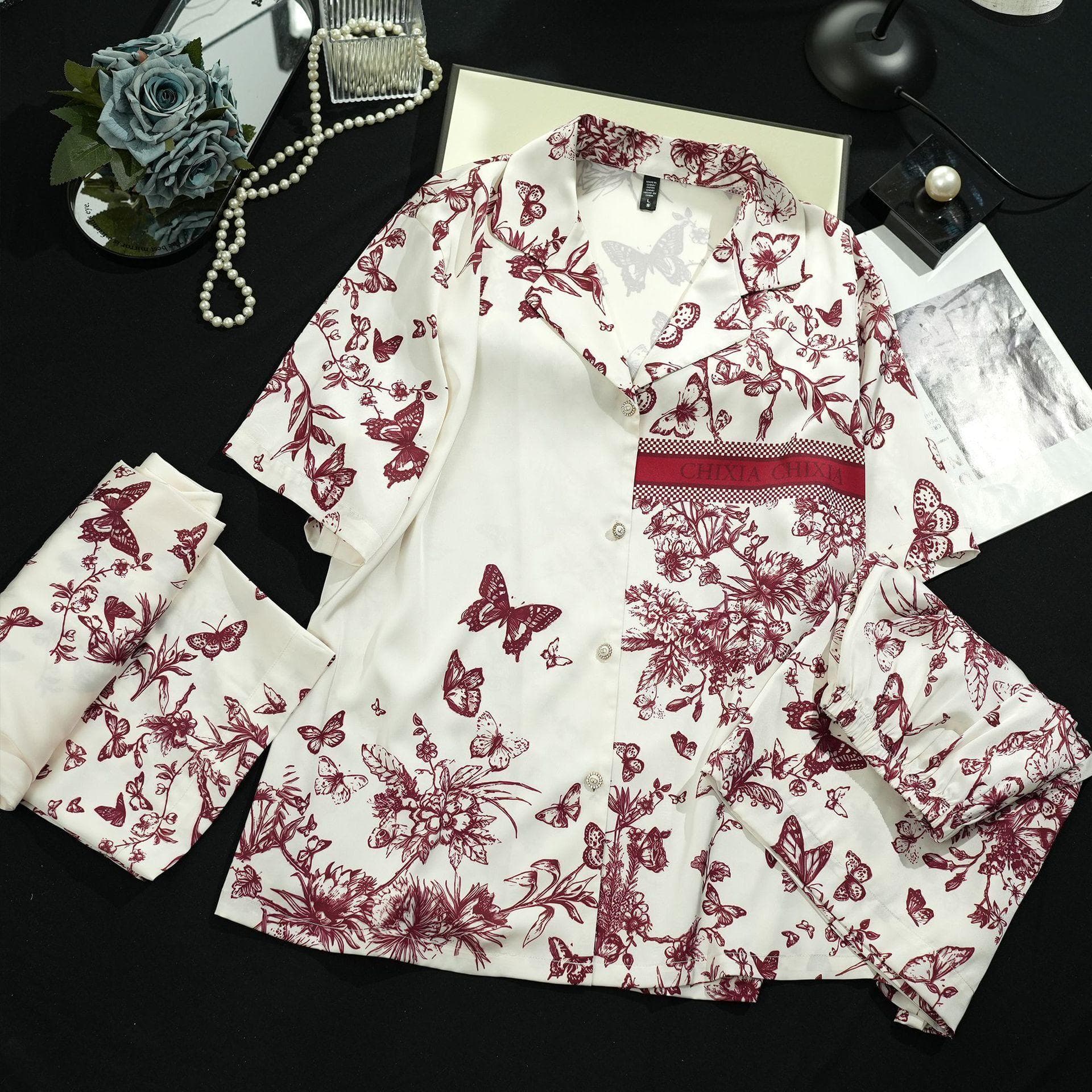 Three-piece Ice Silk Pajamas Women's Short-sleeved Suit Red Butterfly Summer Style Printed V-neck Soft Pajamas XL ivory