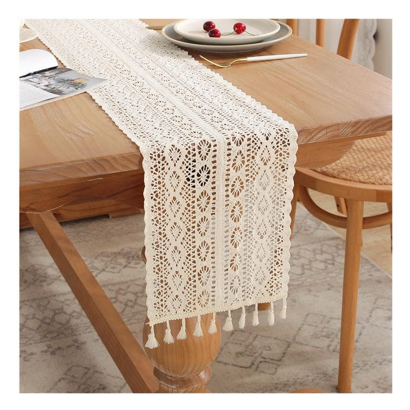 Boho Beige Table Runner, Vintage Farmhouse Bohemian Crochet Macrame Table Runner for Wedding Party Coffee Dining Table Decor 24x160cm