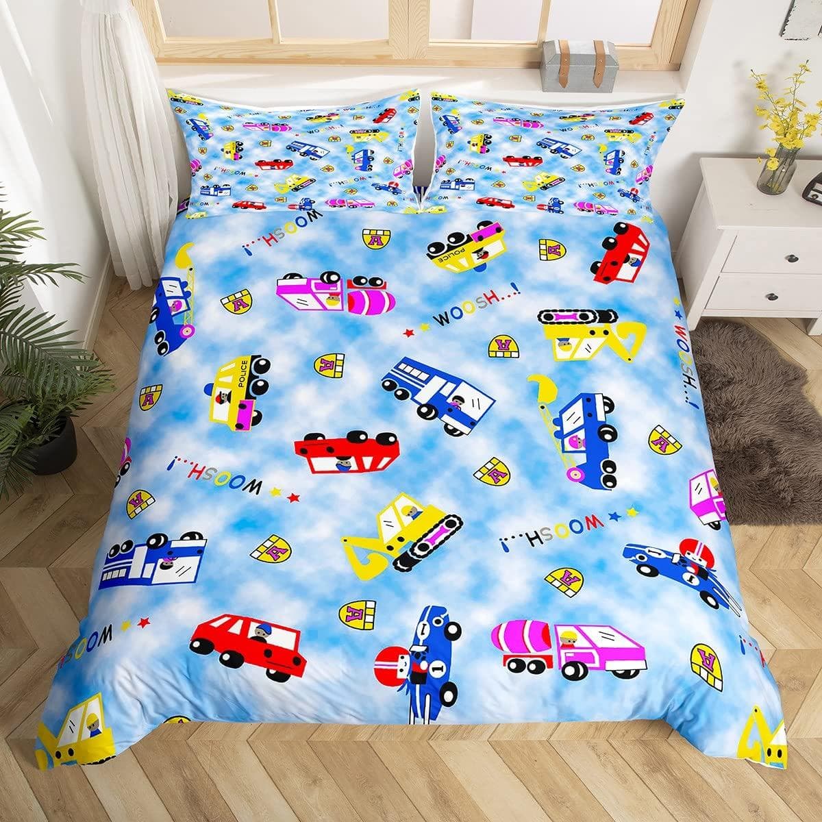 Policeman Car King Queen Duvet Cover Cartoon Black Police Car Bedding Set Boys Red Blue Cop Lights 2/3pcs Polyester Quilt Cover 228x228cm 3pcs