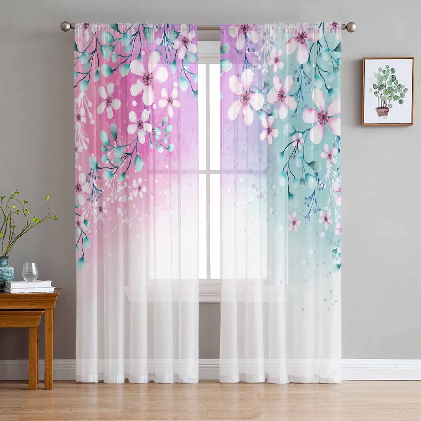Plant Color Floral Watercolor Natural Bedroom Curtains Tulle Sheer Curtain Living Room Home Decor Voile Drapes 135W x 114H(cm)