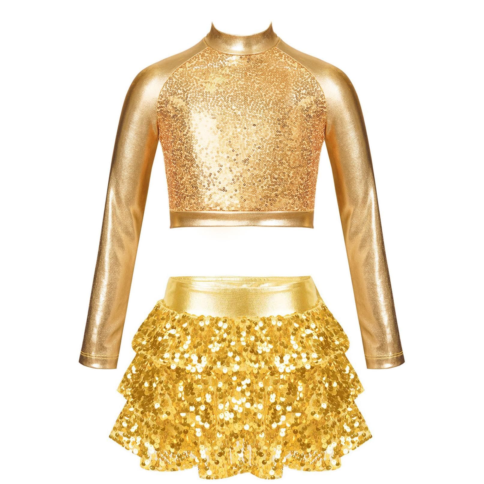 Kids Girls Shiny Sequins Jazz Hip Hop Dance Outfits Modern Dancing Costumes Performance Dancewear 6-16 Years 11-12 Years gold