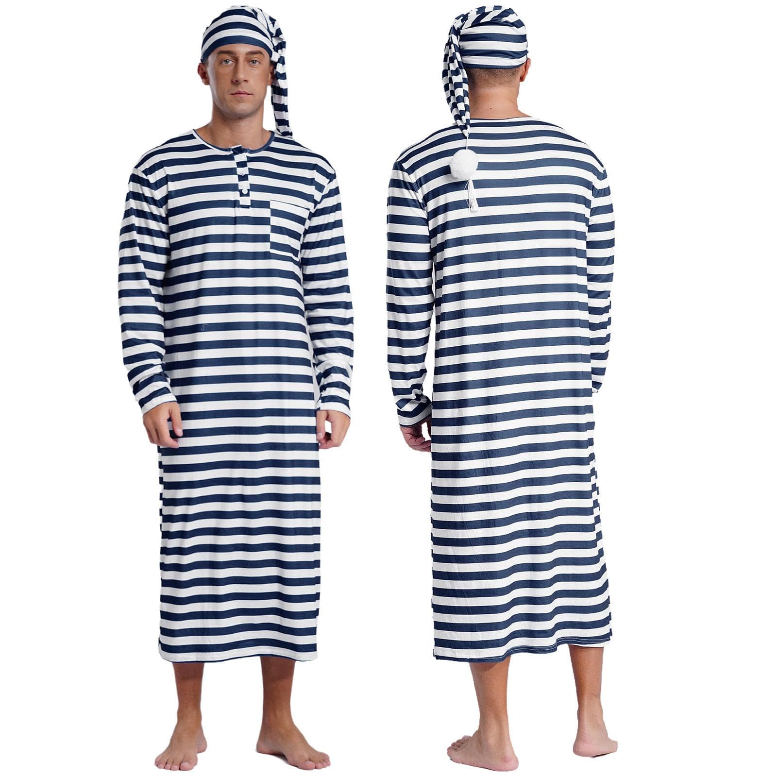 Mens Striped Loose Sleep Robe Set with Pom-Pom Hat Christmas Nightwear Long Sleeve Sissy Pajamas L navy blue