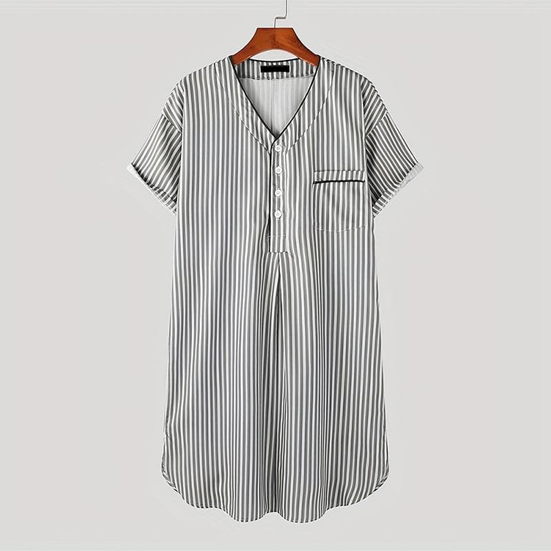 Men Casual Short Sleeve V-neck One-piece Striped Nightgown Leisure Loose Bathrobe Comfortable Homewear S gray