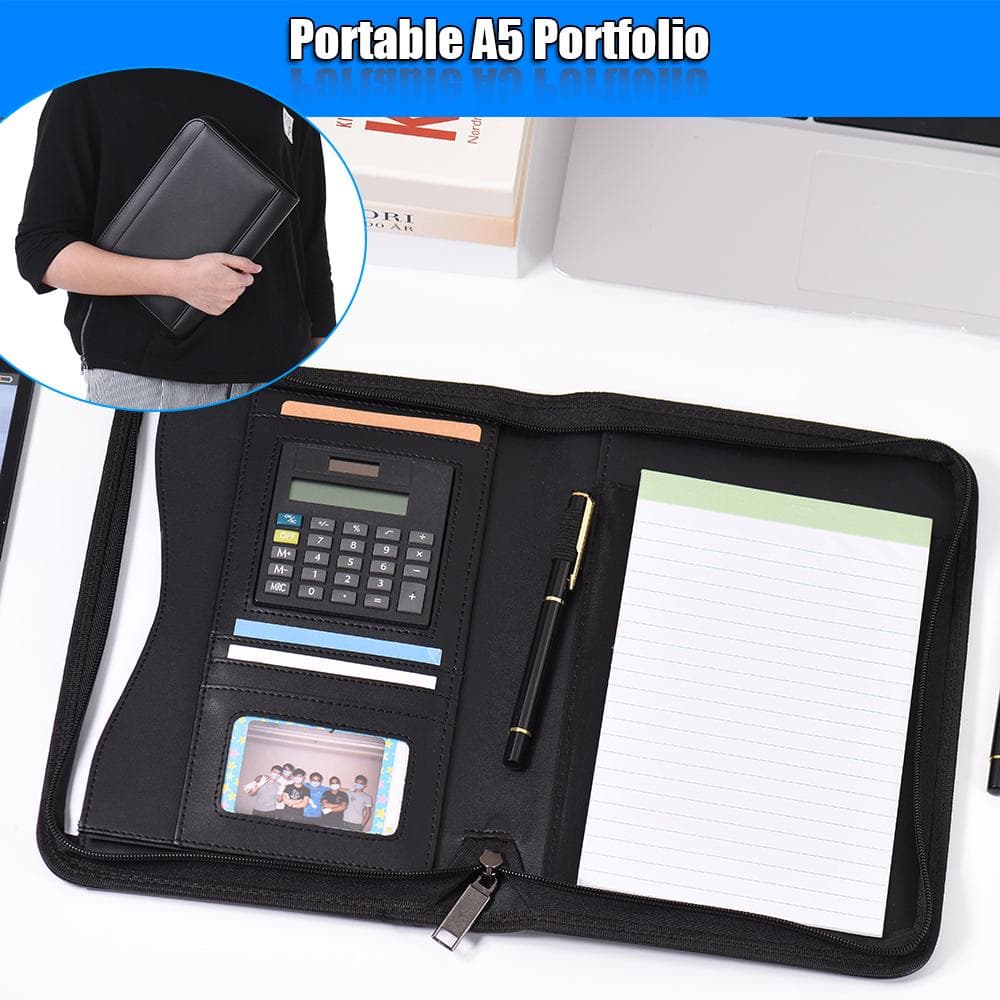 A5 PU Zippered Business Portfolio Folder Document Case Organizer&Calculator