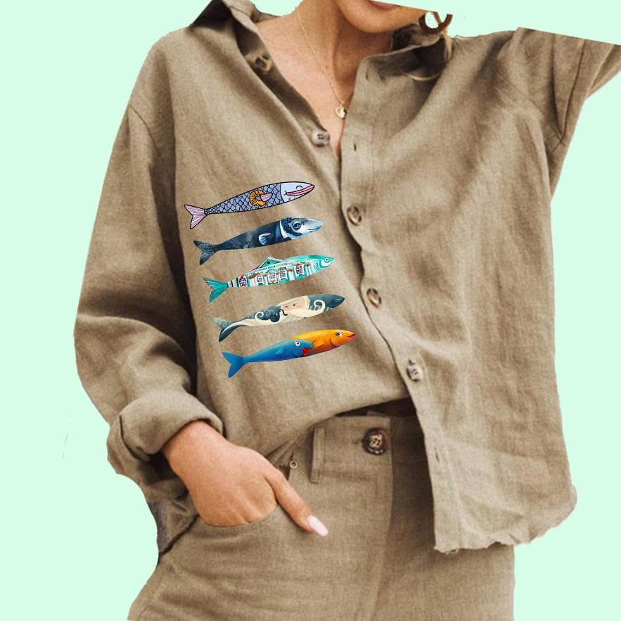 Women Fashion Button Down Shirt Casual Cotton Linen Top Ladies Fish Print Blouse S khaki