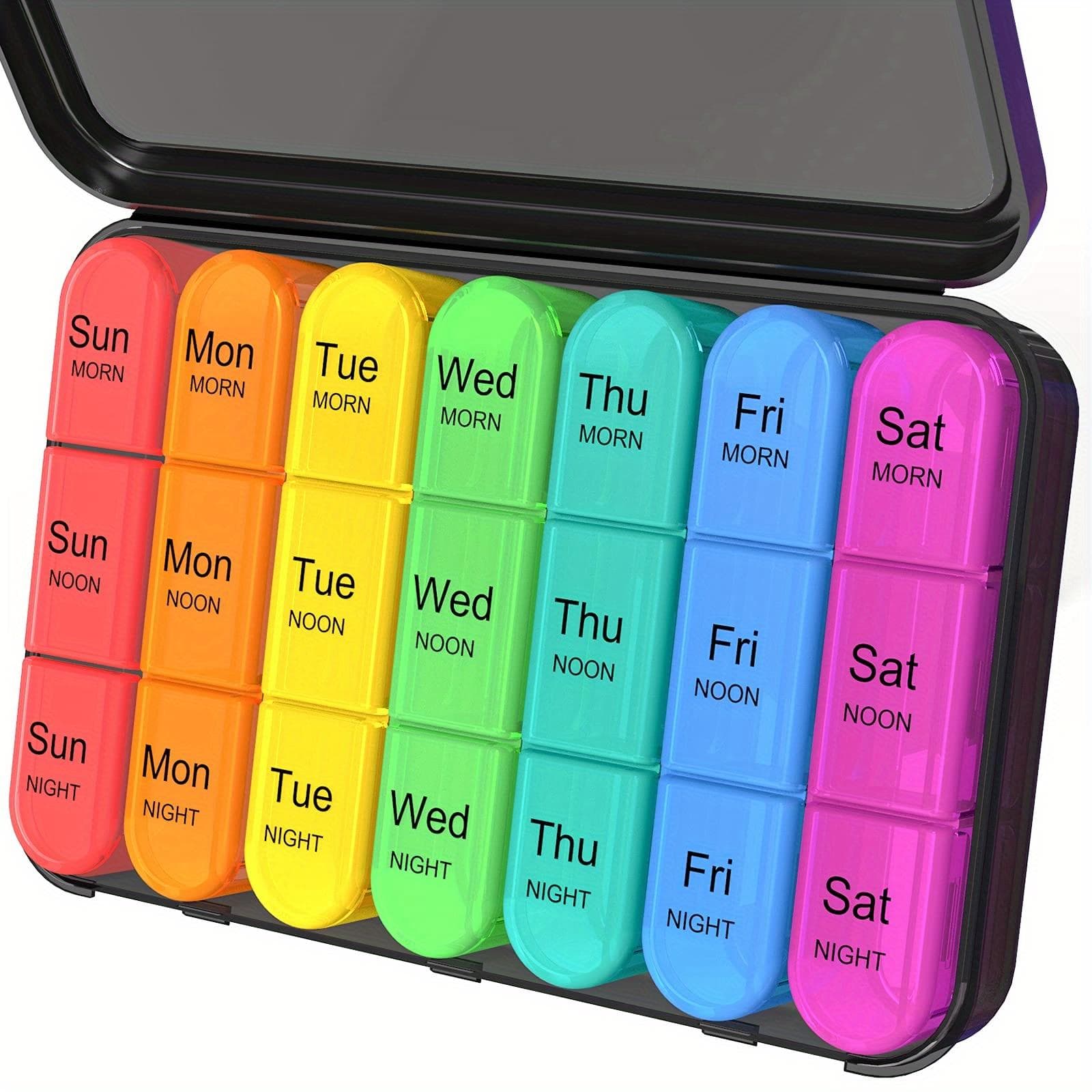 7-Day Pill Organizer - Color-Coded Compartments for Morning & Night Dosing, Plastic Storage Box for Daily Supplements, Medication Management black
