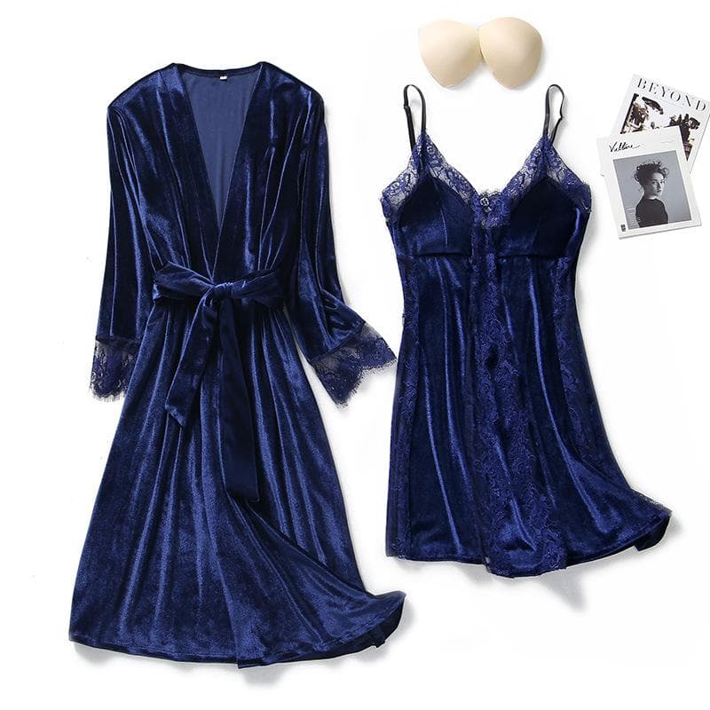 Autumn Winter Velvet Twinset Robe Set Women Sleepwear Sexy Patchwork Lace Nightgown Kimono Bathrobe Gown Loose Velour Home Dress M