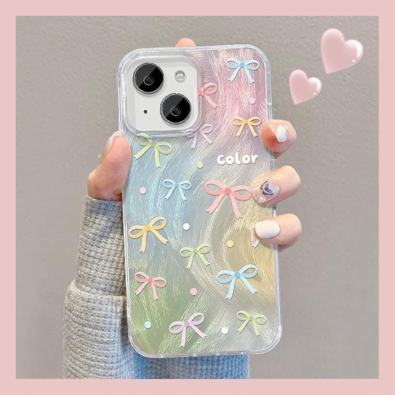 Applicable To Apple 15 Mobile Phone Case Iphone14 Dopamine Bow Bracket 13pm Feather Yarn IMD Laser 12/11 iPhone SE (2nd Generation)