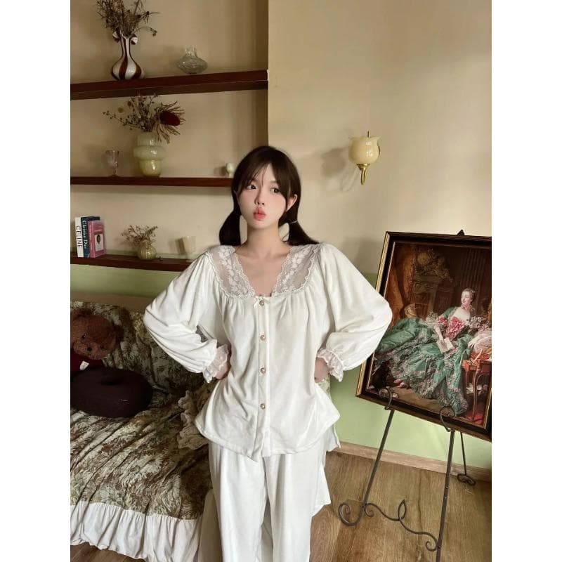 Velvet V-neck Lace 2-piece Home Wear for Women Autumn New Pajamas Set Pajamas Loose Tops Pants Home Wear XL