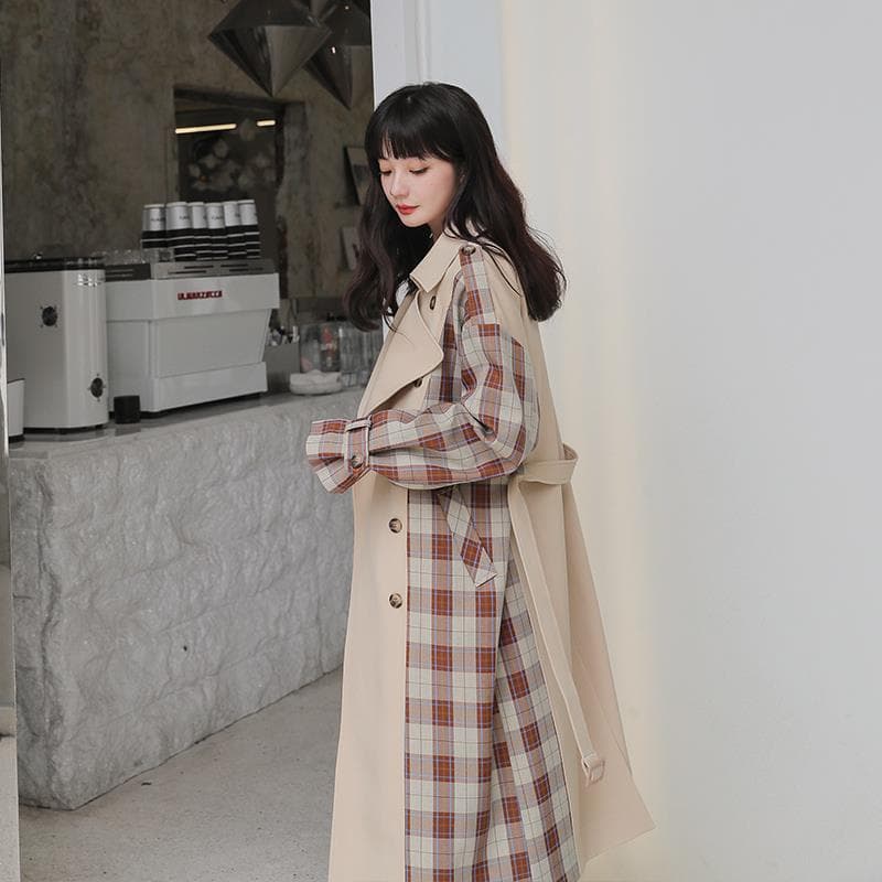 New Women's Clothing, Design, Contrasting Colors, Loose Large Size Outer Style for Women, Long Plaid Windbreaker XL