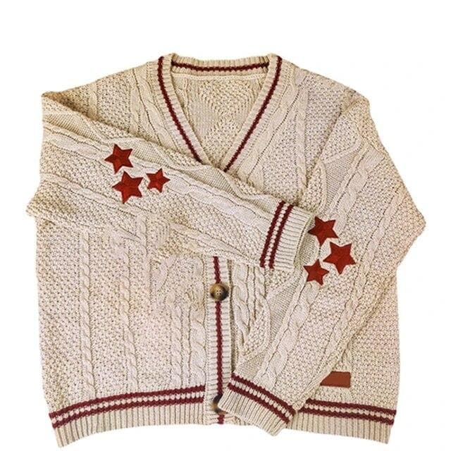 Winter Loose Cardigans Women Star Embroidered Knitted Sweaters Tay Vintage Y2K Streetwear Single Breasted Long Sleeve Top Coats S red