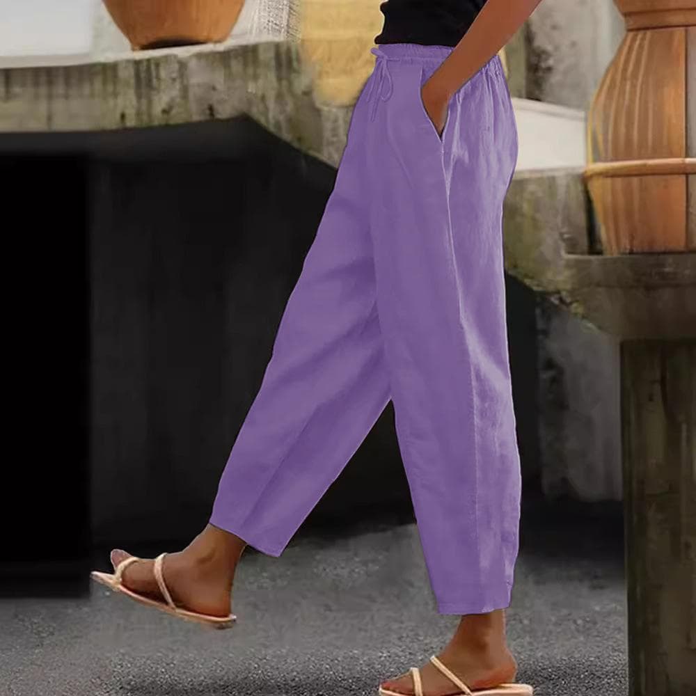 Women's Cotton Linen Trouser Solid Color Elasticated Waist Trousers Casual Straight Leg Bottoms with Pockets L purple