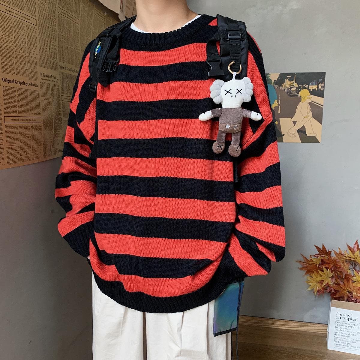 Autumn and Winter Men's Casual Fashion Striped Sweater Loose Round Neck Couple Knit Sweater XXXL red/black