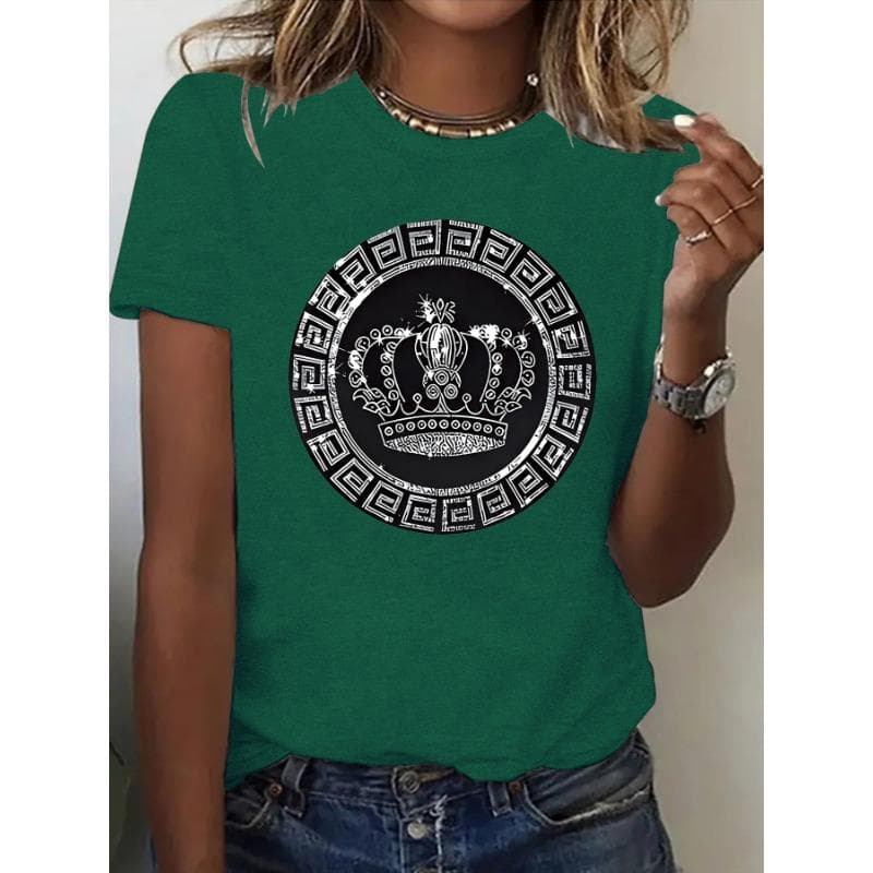 Women's short-sleeved loose and fashionable T-shirt with crown print L green