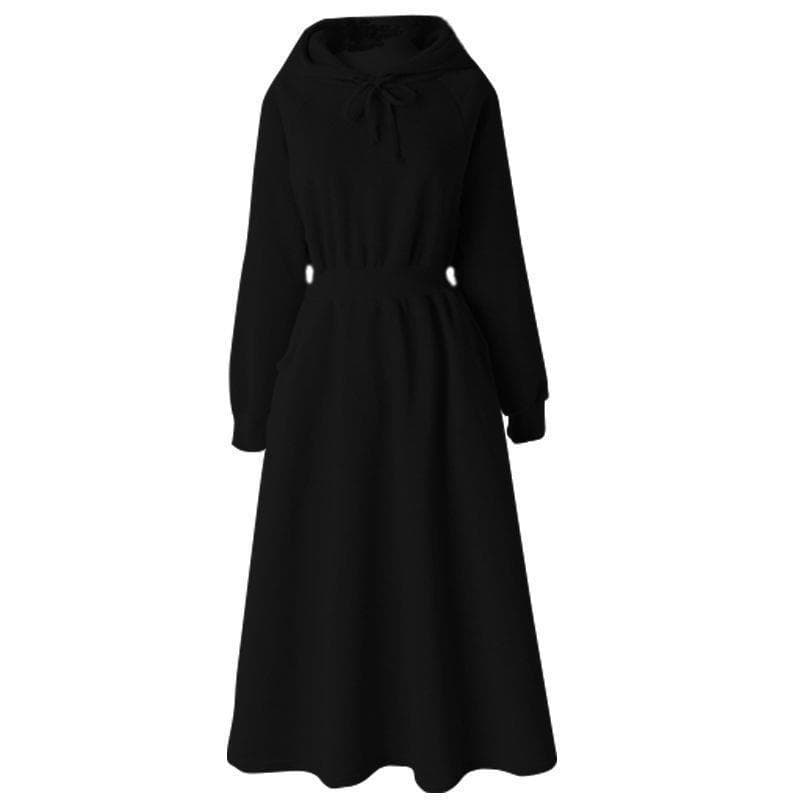 Spring and Autumn Winter New Large Hooded Waist Dress for Women, Loose and Skinny Look, Wide Waist and Swinging Long Dress 2XL black