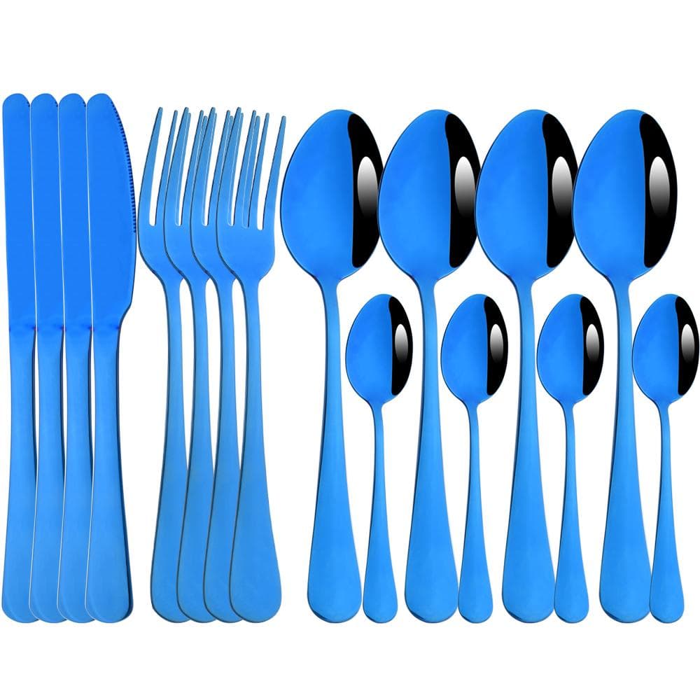 Blue Silverware Set Kitchen Tableware Set Western Stainless Steel Cutlery Set Dinner Knife Fork Coffee Spoons Complete Dinnerware Set 16pcs blue