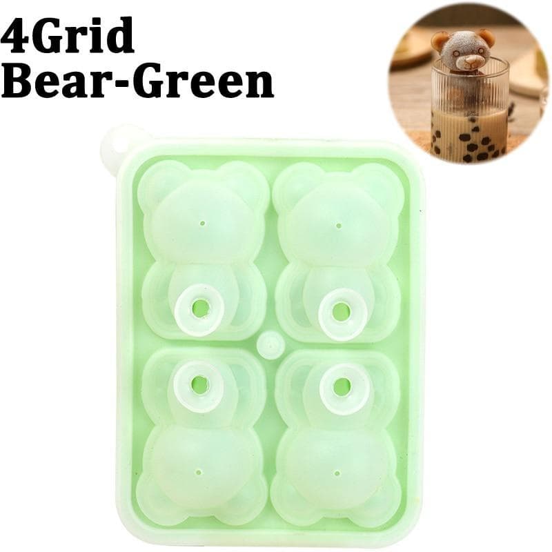 4 Grids Cute Bear Ice Cube Making Mold DIY Ice Cream Tools Silicone Bear Shape Ice Cube Tray green