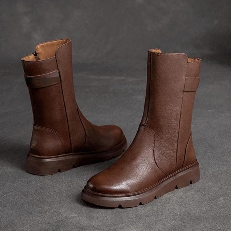 Footwear Mid Calf Women's Boots Wedge Heel Biker Shoes for Woman Half High Leather Brown Fashion 2024 on Offer Y2k 37 brown