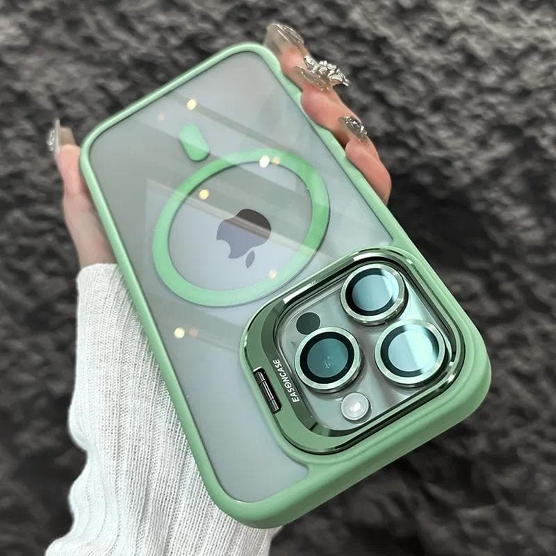 Luxury Magnetic Shockproof Phone Case For iPhone 16 15 14 13 12 11 Pro Max Plus Funda Stand Glass Lens Protection Back Cover iPhone 11 Pro Max light green