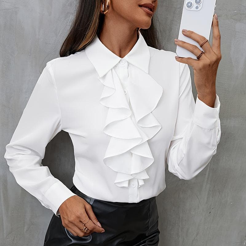 YYFS Women's Fashion Casual Spring Autumn Solid Color Print Long Sleeve POLO Neck Blouses & Shirts M white